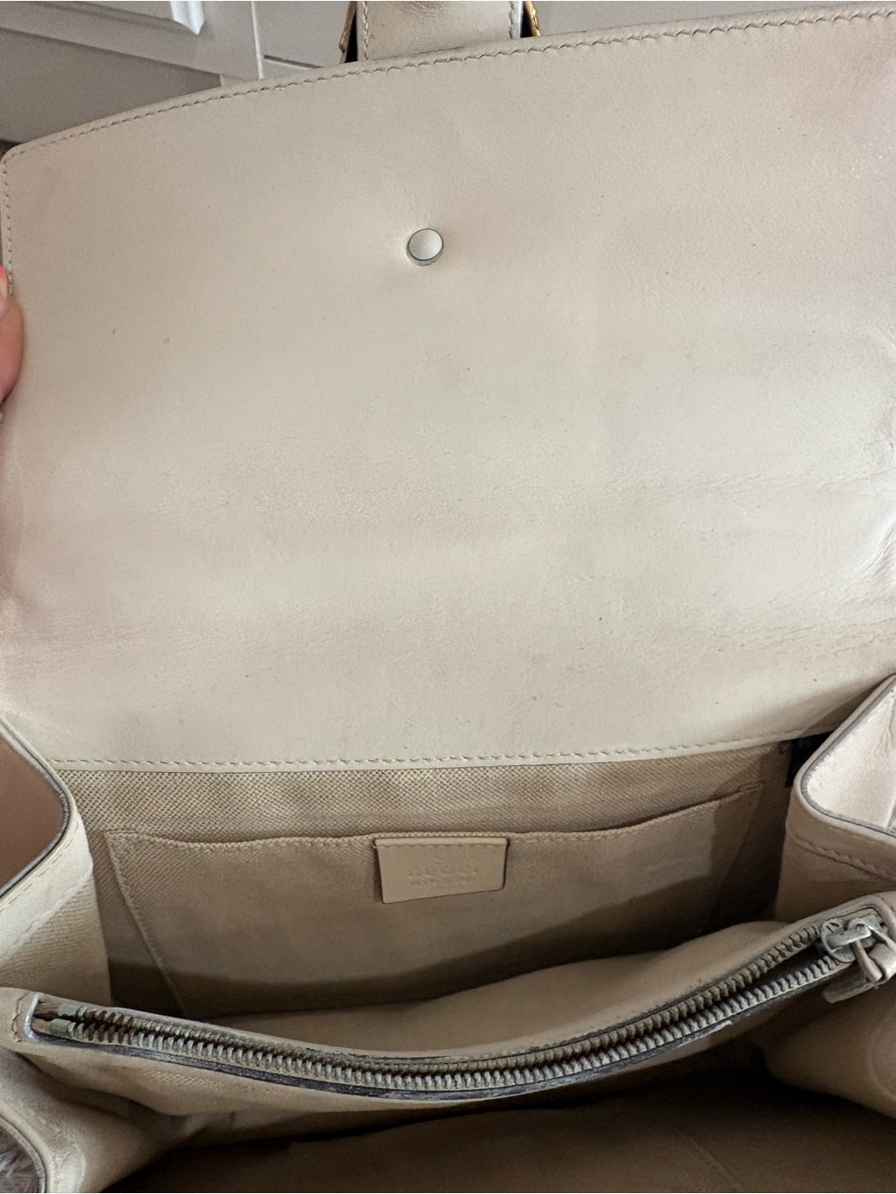 Gucci white leather Dionysus bamboo top handle bag with navy blue and red strap - Picture 12 of 15